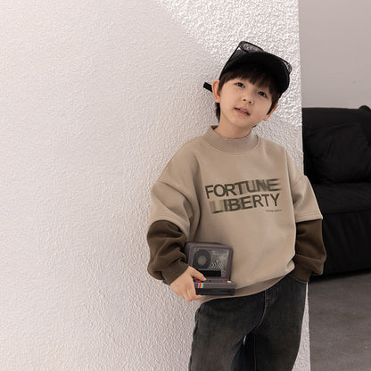 Amo Beibei 2023 Winter Boy Thickened Contrast Color Letter Top Baby Handsome Splicing Sleeve Fake Two-piece Sweatshirt