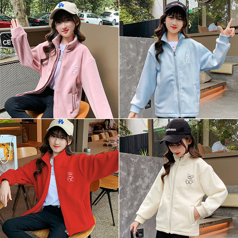 Girls winter fleece jacket 2024 new spring and winter medium and large children's cardigan lining double-sided fleece thickened warm trend