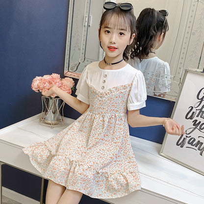 Girls dress 2024 summer new style medium and large children's floral dress pastoral style fake two-piece short-sleeved dress