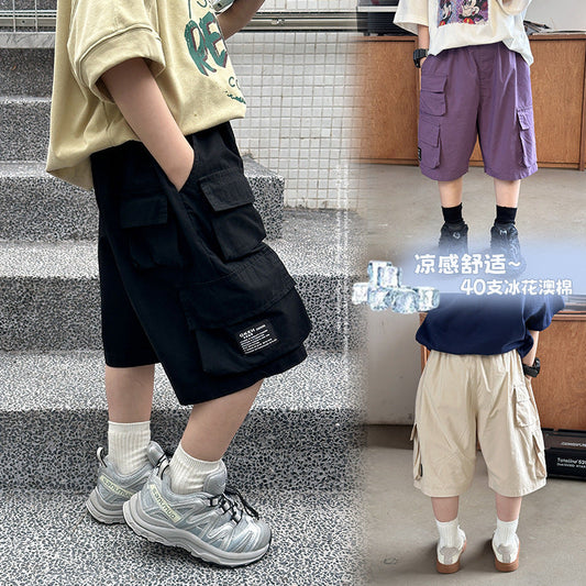 Amo Beibei boy 2024 summer ice flower cotton cool label shorts baby handsome loose five-point overalls trend