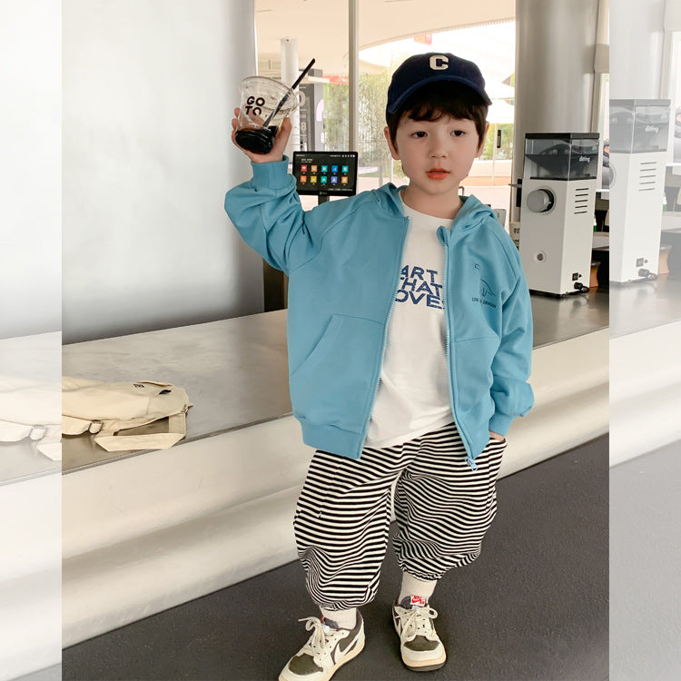 Children's pants for boys and girls 2023 spring new Korean version striped sweatpants baby big pocket loose cuff trousers