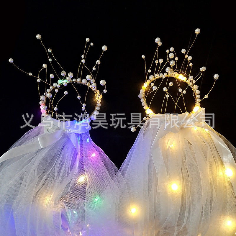 Luminous double-layer pearl veil net celebrity with light soft yarn flashing veil girl dress up tassel pearl crown headdress