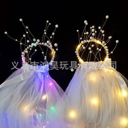 Luminous double-layer pearl veil net celebrity with light soft yarn flashing veil girl dress up tassel pearl crown headdress