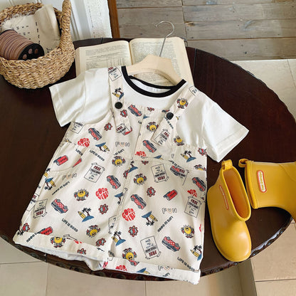 Children's overalls Bangcheng 2024 summer children's clothing cartoon full print casual versatile boys jumpsuit trend G0182