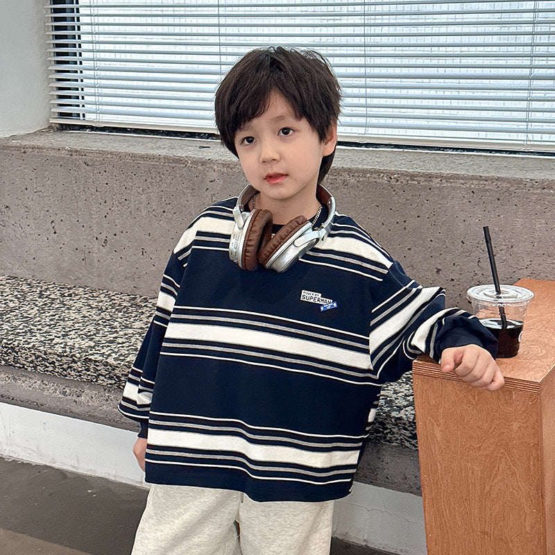 Amo Beibei 2024 Spring Boys Letter Color Stripe Cotton Sweatshirt Children's Baby Korean Style Handsome Loose Striped Top