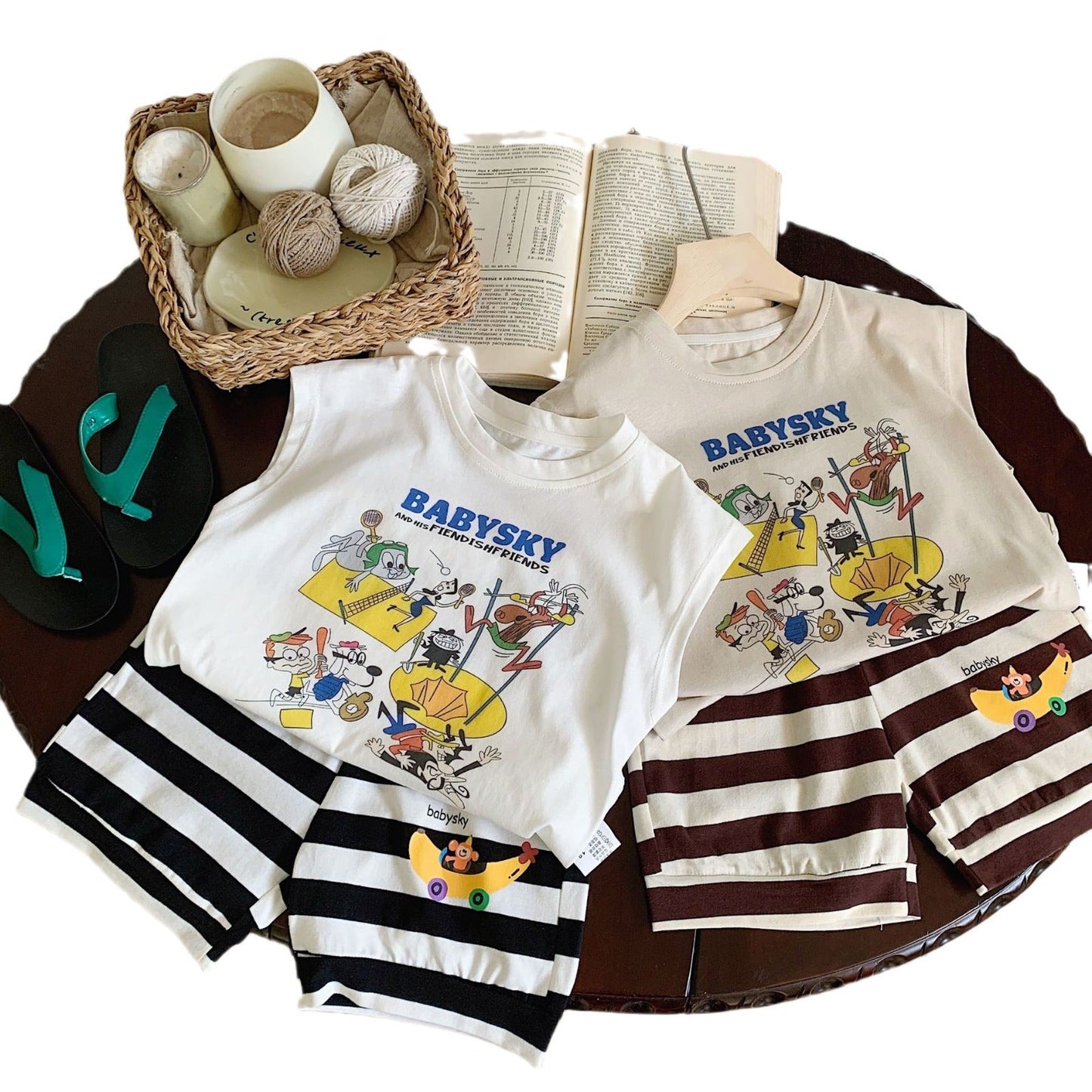 Children's suit Bangcheng 2024 summer children's clothing cartoon printed vest + striped shorts boys two-piece suit G0207