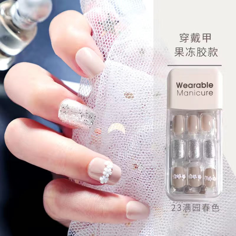 BK wearable nail art patch finished product wholesale spring and winter whitening jelly glue wear and tear square nail piece nail30