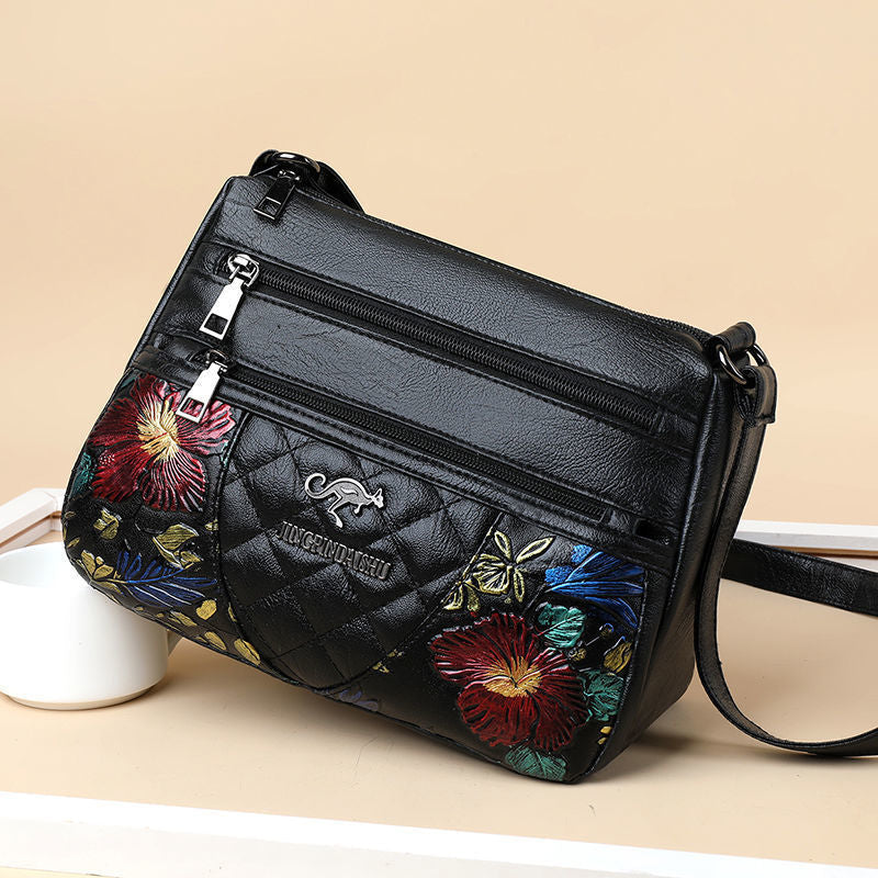 2024 new middle-aged mother bag pure hand-painted pattern fashionable large-capacity embroidery design multi-layer crossbody bag