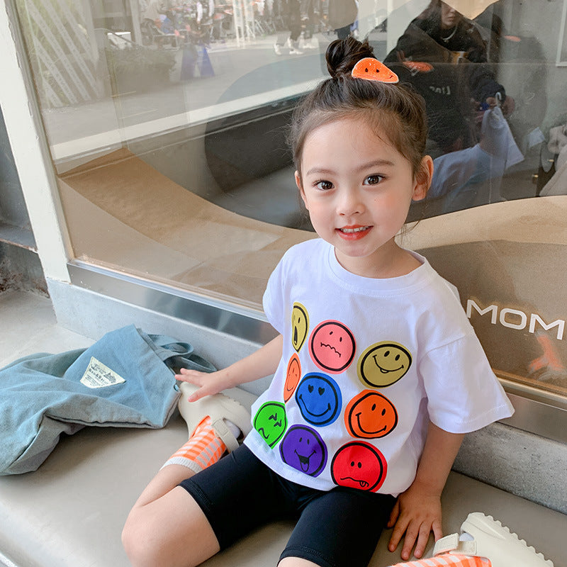 2024 Summer New Korean Version Children's Smiley Face Printed Casual Loose Short Sleeve Boys and Girls Baby Bottom T-shirt Trend