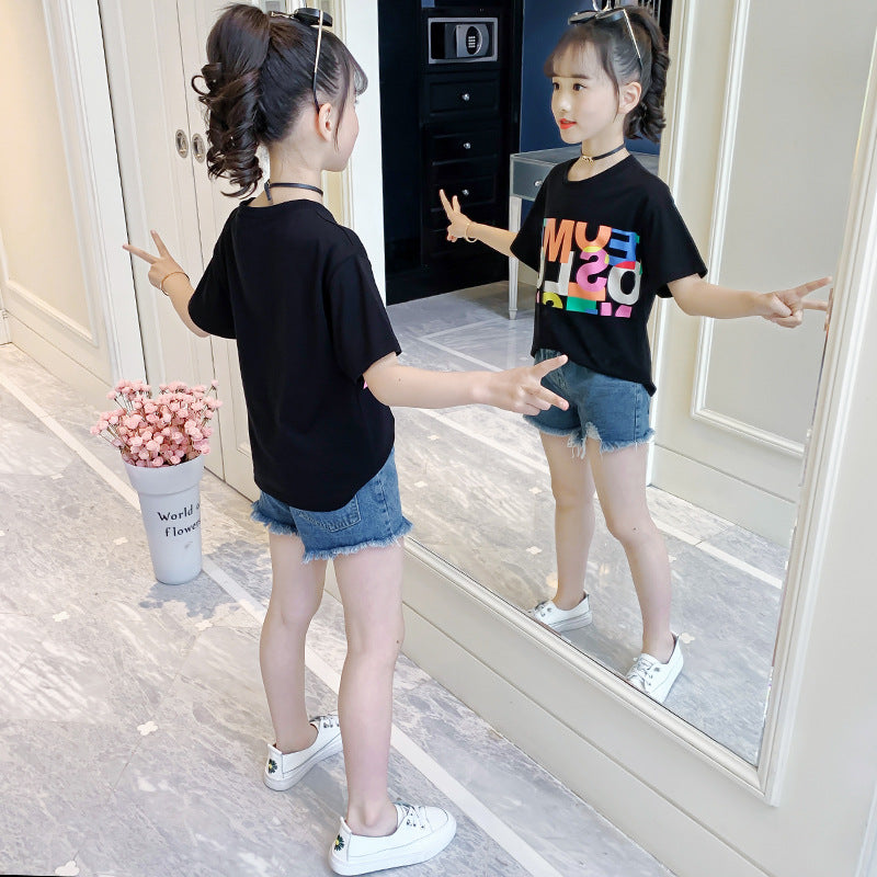 Girls summer short-sleeved T-shirt 2024 new style children's letter printed cotton top loose casual T-shirt