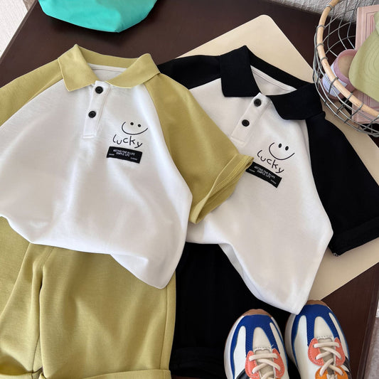 Children's clothing suits 2024 summer new boys cute smiley two-piece children's trendy Polo suits