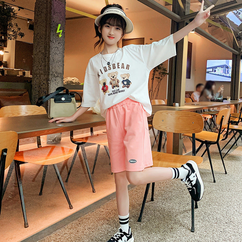 Girls summer short-sleeved T-shirt cotton loose elastic sweat-absorbent middle and large children primary school students junior high school students hypertrophy cartoon white tide