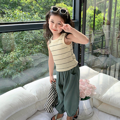 2024 Summer New Style Korean Style Sleeveless Round Neck Vest Tops for Children and Middle School Children Striped Letter Vests