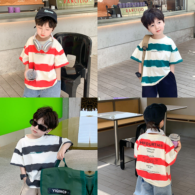 Amo Beibei 2024 summer children's tops boys handsome striped letter short-sleeved T-shirt baby loose bottom