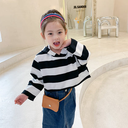 2021 Spring and Summer New Korean Version Small and Medium-sized Children's Girls Striped Short Long-sleeved Sweatshirt Fashion Hooded Sweatshirt Trend