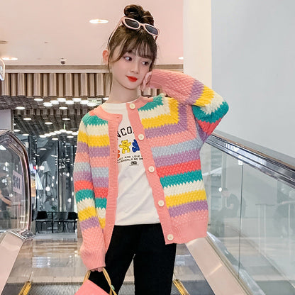 2024 autumn and winter girls cardigan sweater new rainbow knitted sweater for middle and large children loose Korean version with color