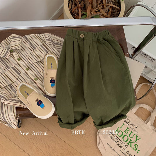 Children's trousers 2024 Bangcheng spring new products boys and girls military green casual pants baby washed cotton pants C0203