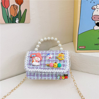 Autumn and winter stylish children's small square bag female fashion girl contrast color chain shoulder bag simple beaded handbag wholesale 