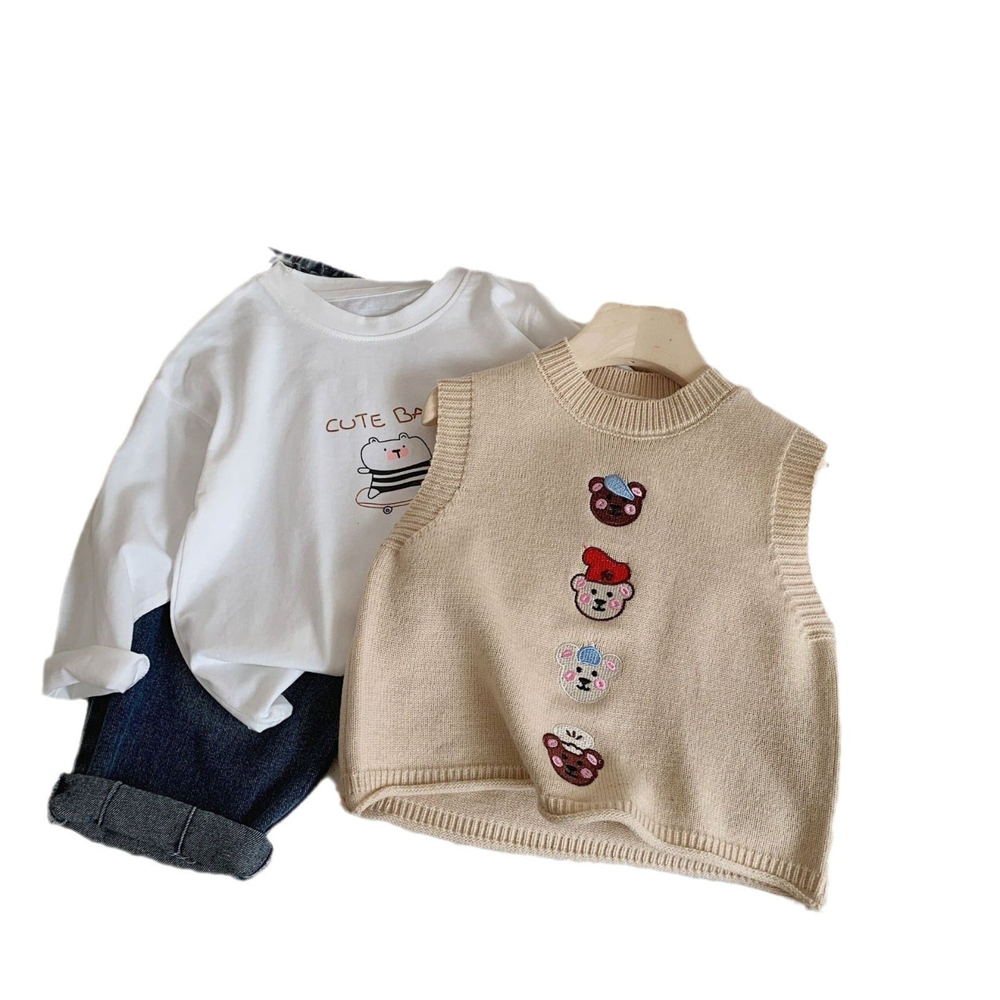 Children's vest Bangcheng 2024 spring children's clothing bear embroidered wool vest boy sweater bottom trend MY0025