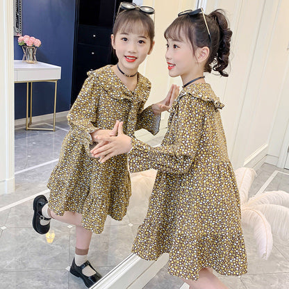 Girls Spring and Autumn Floral Dress 2024 New Children's Western Style Cotton Dress Spring Internet Celebrity Princess Dress Spring