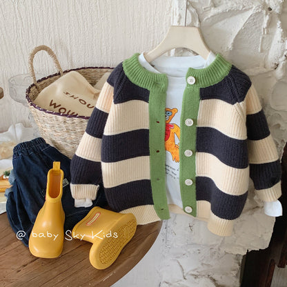 Children's sweater 2023 Bangcheng autumn and winter Korean version boys and girls striped color matching sweater jacket casual cardigan F0461