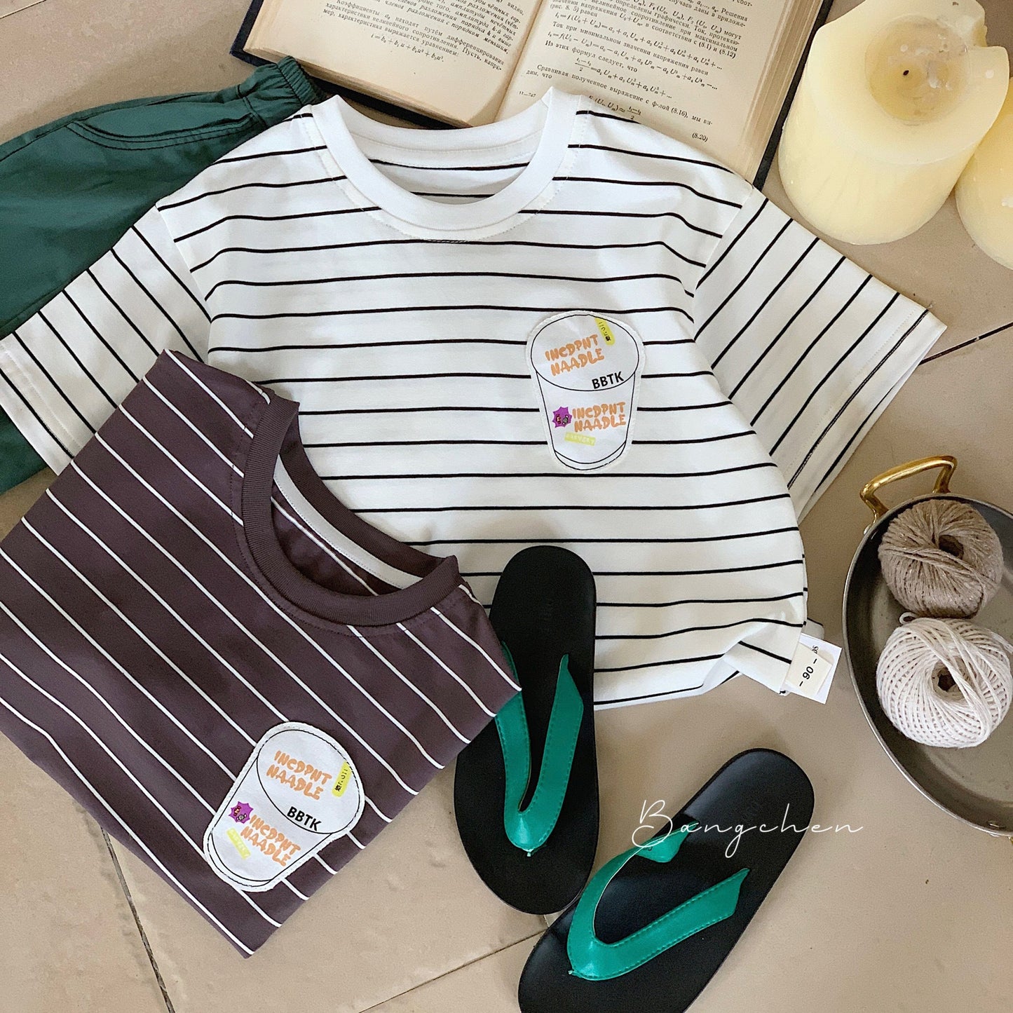 Children's T-shirt Bangcheng 2024 summer striped short T-shirt children's clothing boys' beverage cup printed short-sleeved top trendy G0138 