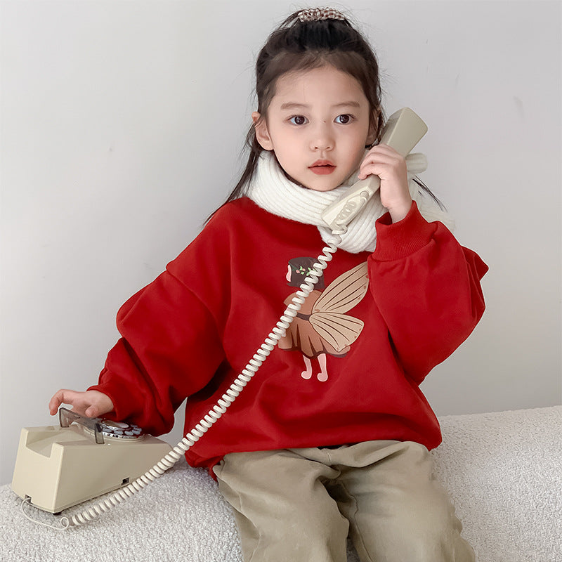 Korean children's clothing 2023 autumn and winter new styles for girls cute printed plus velvet sweatshirts children's mid-length winter coat