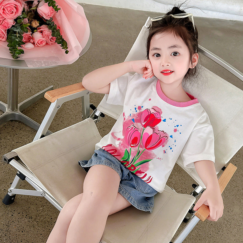 Girls summer short-sleeved tops cotton T-shirt with printed contrasting colors loose elastic fat tulip kindergarten elementary school trendy