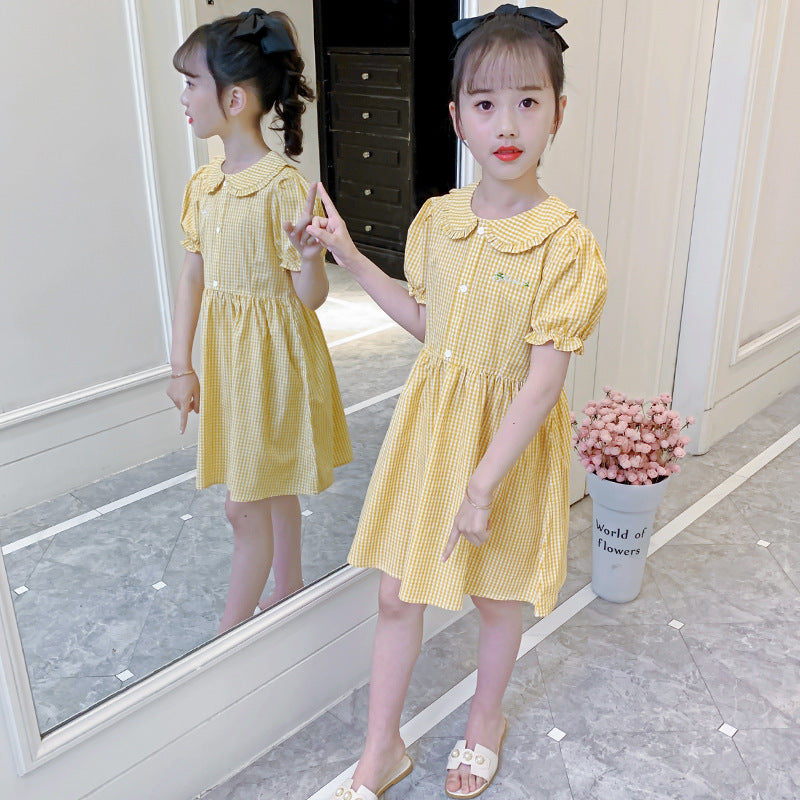 Girls short-sleeved dress summer new cotton baby collar plaid dress for middle and large children stylish embroidered skirt