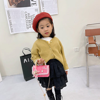 Children's pearl handbag 2024 new cotton and linen small square bag fashionable and cute girls decorative bag messenger bag 