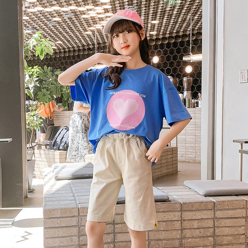 Girls summer cotton short-sleeved T-shirt cartoon print net celebrity top children's medium and large children's T-shirt knitted cotton sweater trend