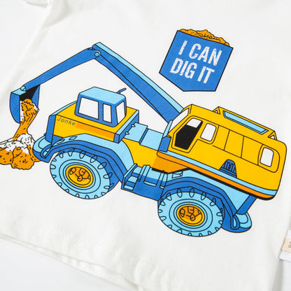 2024 Summer Children's Cartoon Car Short Sleeve T-shirt Excavator Printed Top Baby Clothes Children's Clothing Trendy Delivery