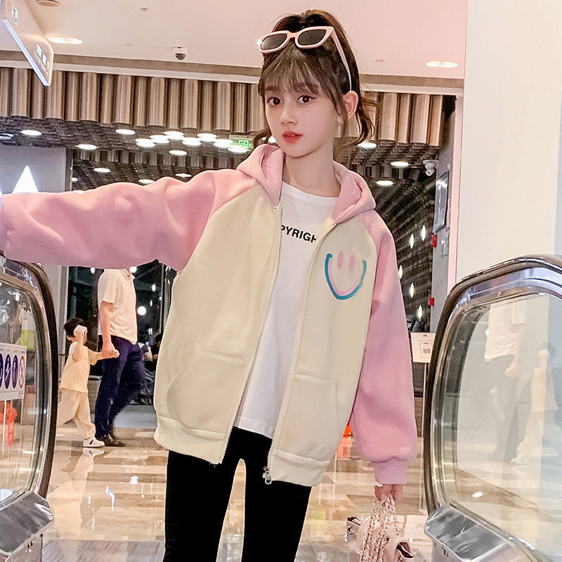 2024 autumn and winter new cardigan jacket for girls thickened double-layer hooded smiley face for middle and large children, elementary school students and kindergarten