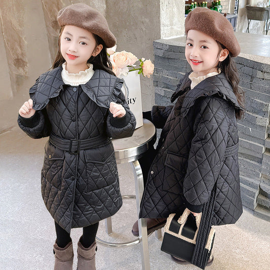 Girls 2024 new cotton coat plaid quilted cotton light cotton coat with extended waist belt Korean campus style cotton coat trendy