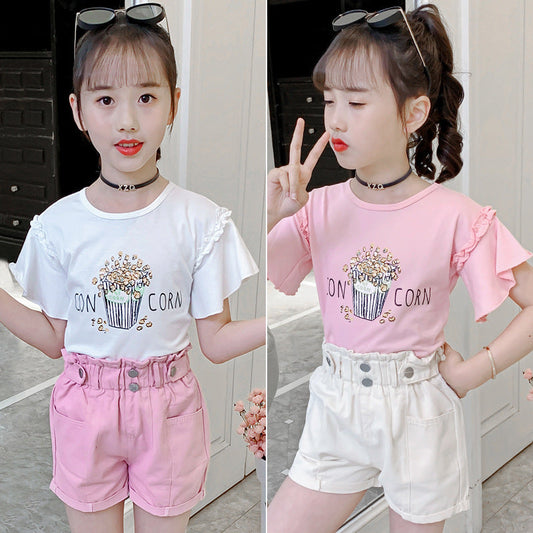 Girls short-sleeved T-shirt 2024 summer new style children's cartoon trumpet sleeve top little girl round neck T-shirt