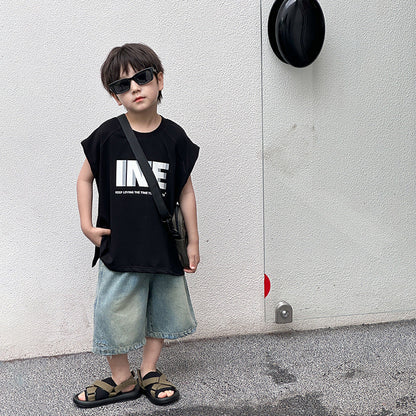 Amo Baby 2024 Summer Boys Handsome Loose Letter Sleeveless Top Baby Comfortable Cotton Sports Vest Trend