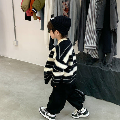 [Clearance Sale] Children's Sweater 2023 Autumn Baby Striped Knitted Jacket Boys Cashmere V-neck Cardigan