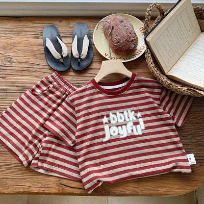 Children's suit Bangcheng 2024 summer children's clothing letter print striped short sleeve + shorts boys two-piece suit G0211