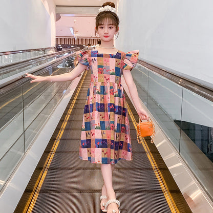 Summer girls pure cotton checkered floral dress full cotton flying sleeves lotus leaf sleeves middle and large children primary school students net celebrity fashionable