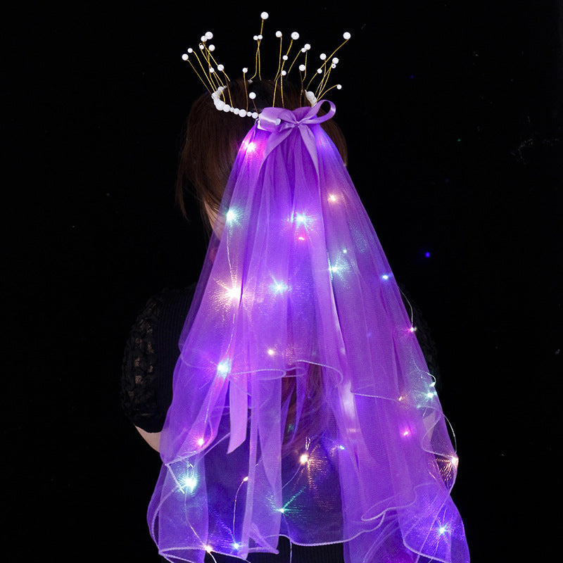 Colorful veil with light glowing double-layer tassel pearl crown flashing ribbon bow veil headdress night market