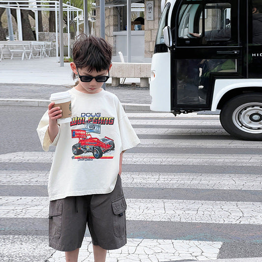 Boys short-sleeved T-shirts summer new children's stylish handsome middle and large children's summer clothes cartoon casual half-sleeved tops trendy