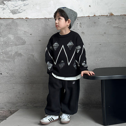 Amo Beibei children's warm sweater Korean version 2023 winter boys thickened handsome diamond round neck knitted sweater trend