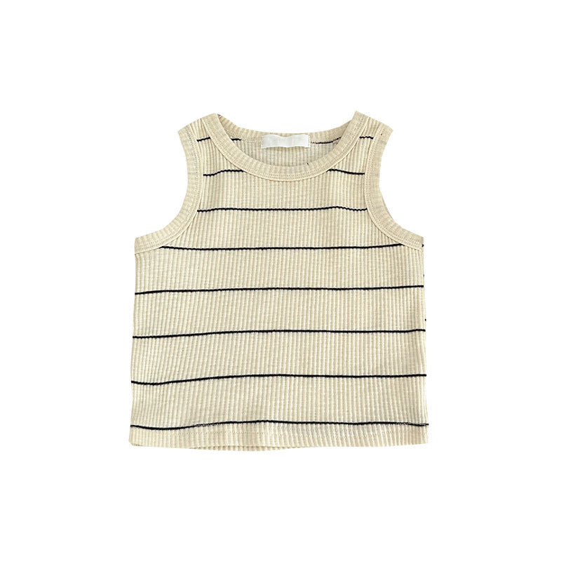 2024 Summer New Style Korean Style Sleeveless Round Neck Vest Tops for Children and Middle School Children Striped Letter Vests