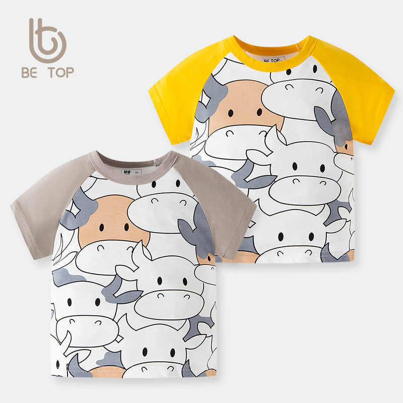 be top new men's t-shirt summer children's short-sleeved cotton full-print cow baby summer children's clothing one piece