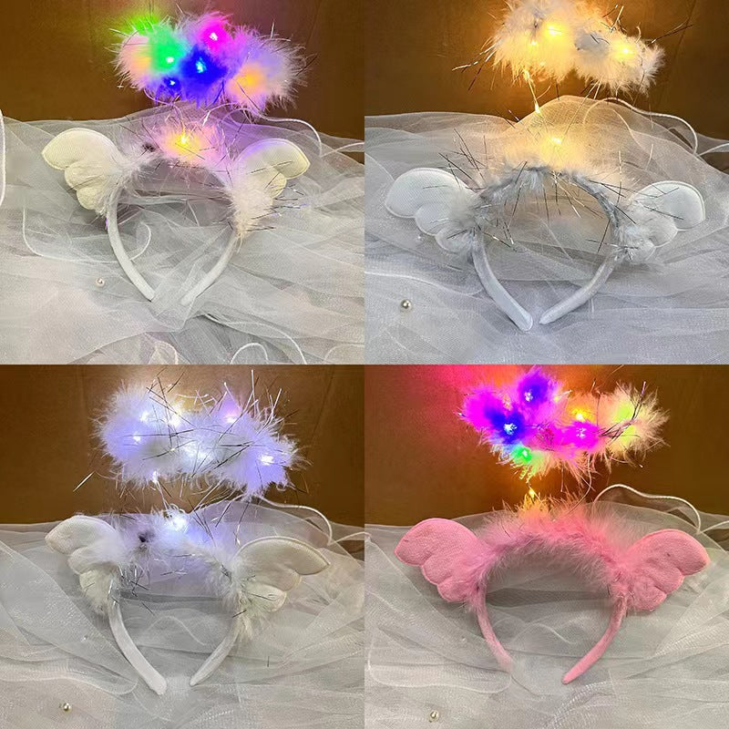 Night market stalls hot sale Christmas stage performance birthday party angel wings feathers luminous flash headband headdress