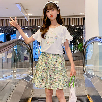 Girls summer suit skirt short sleeve suit floral cotton cloth lotus leaf sleeve skirt two piece suit Korean style fragrant style street