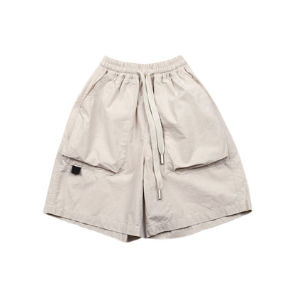 Elmo Beibei Children's 2024 Summer Sand Washed Cotton Labeled Pants Drawstring Pants for Boys and Girls Loose Pocket Cargo Shorts