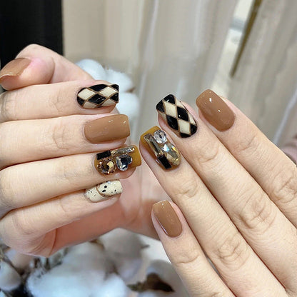 Wearable nail art finished product wholesale Douyin hot short black aurora crushed diamond nail stickers false nails nail pieces 