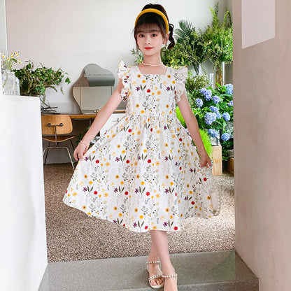 Girls summer cotton dress floral flying sleeves Korean style sweet small fresh princess dress pastoral style primary school students dress