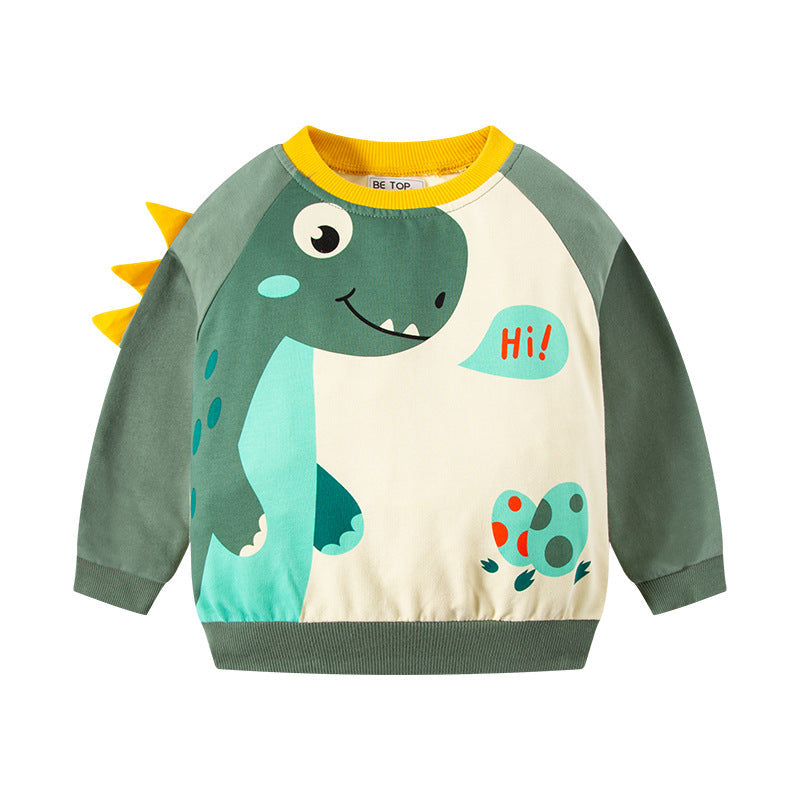 be top children's clothing 2024 spring and autumn new children's cartoon dinosaur pullover sweatshirt long sleeve contrast color round neck trend